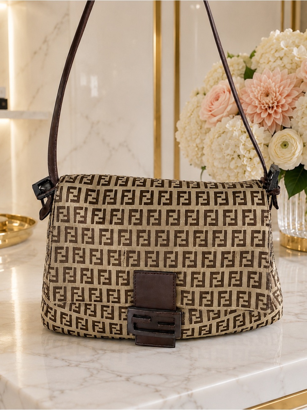 Vintage Fendi FF Zucca Monogram Shoulder Bag Brown and Tan Y2K
